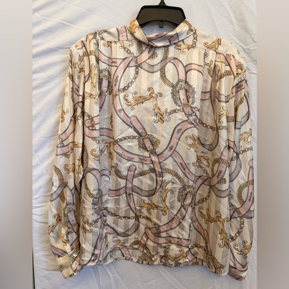 Vintage Evan Picone Cream Satin Tie-Neck Blouse with Pink & Gold Chain Print - Picture 6 of 10